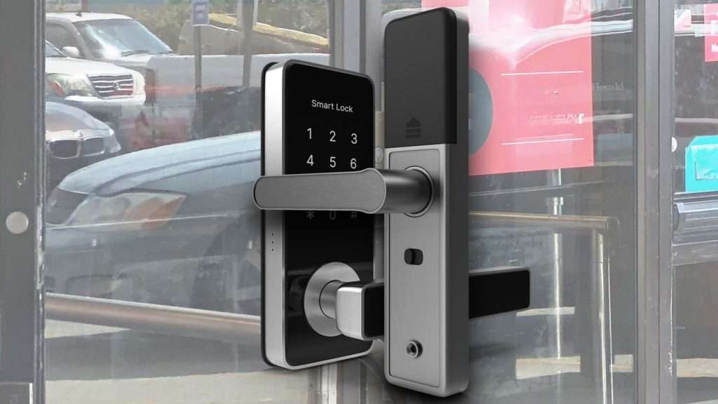 Smart commercial locks installed on glass doors