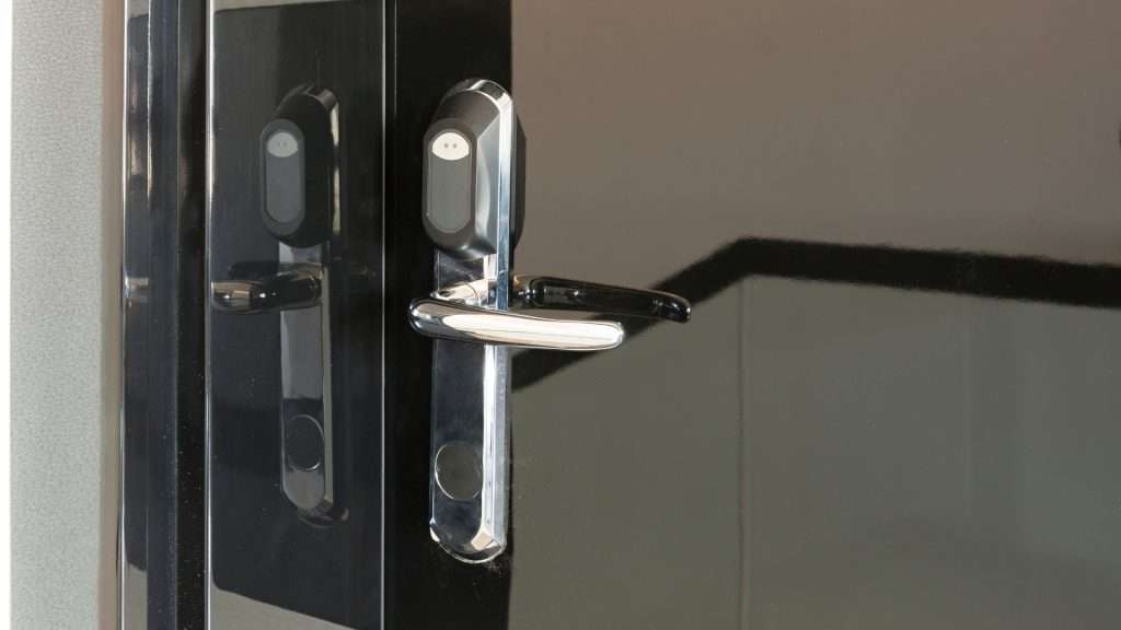 Chromed lever handle locks on internal commercial doors