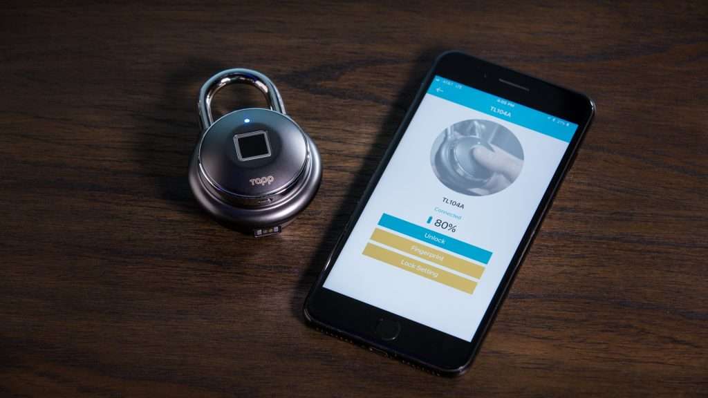 Biometric padlocks and a smartphone with the app for them