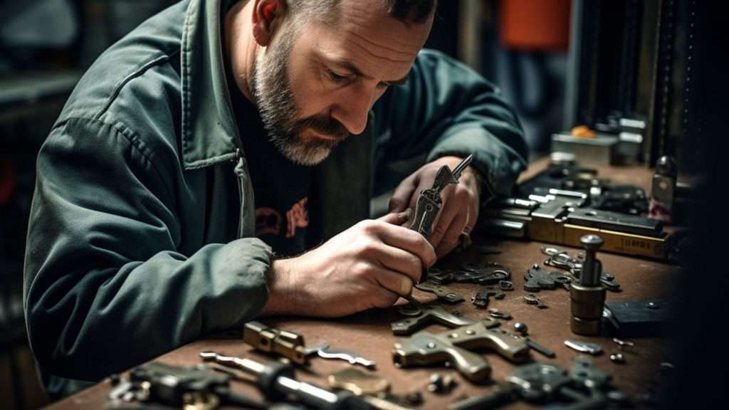 A locksmith working on intricate locks, which can affect the commercial locksmith services cost