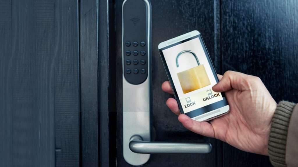 A user unlocking a smart lock using an app