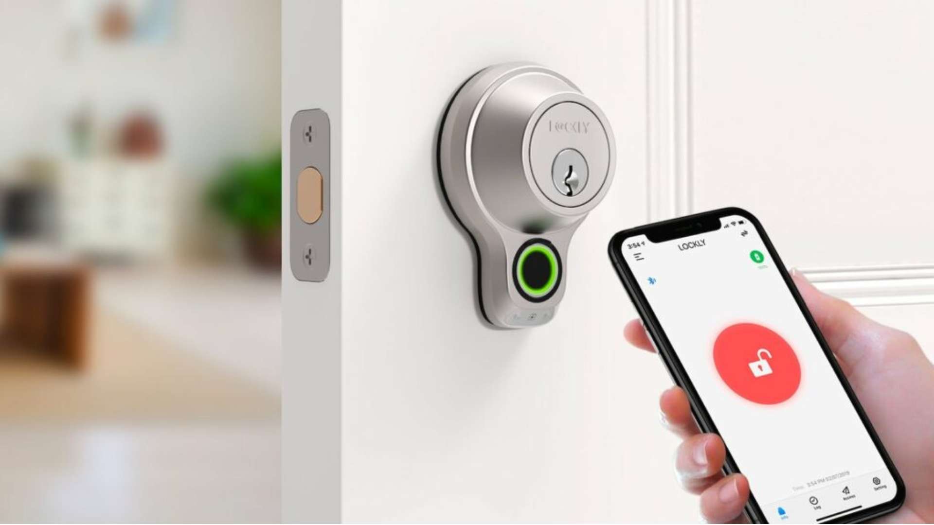 A user unlocking a deadbolt using their smartphone. Fingerprint deadbolts are examples of high-security locks