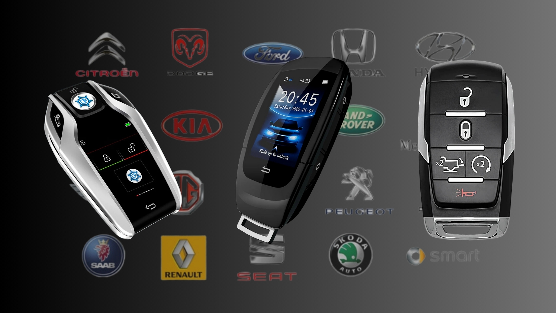 An array of modern push-to-start keys from various car brands.