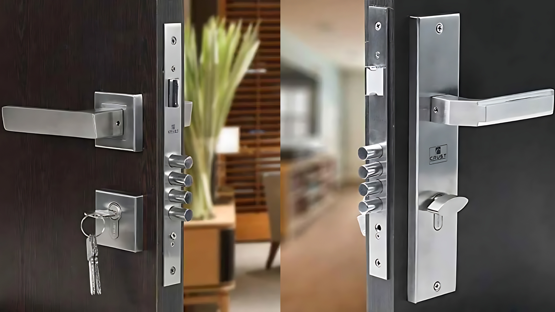 Side-by-side views of multipoint door locks on interior doors, highlighting advanced security features.