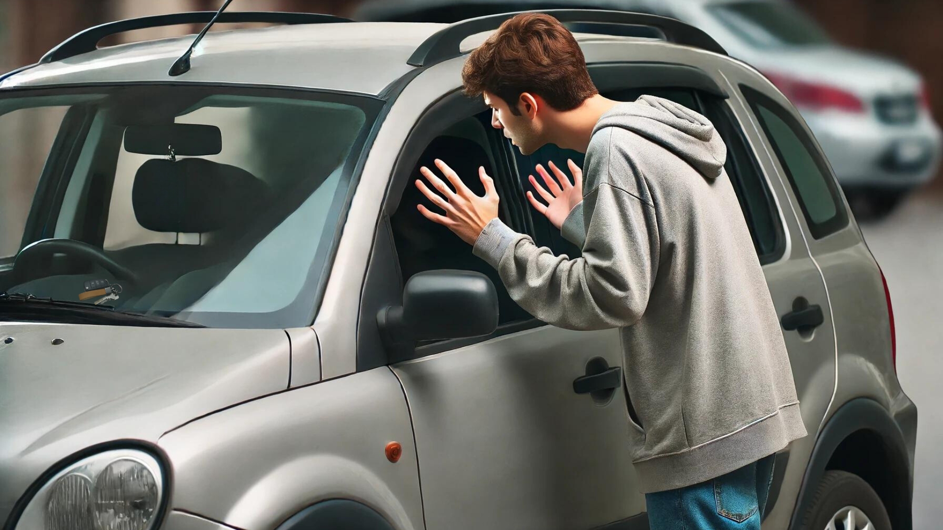 A car owner peers through a car window at his keys left inside, illustrating the need for car door unlock services.