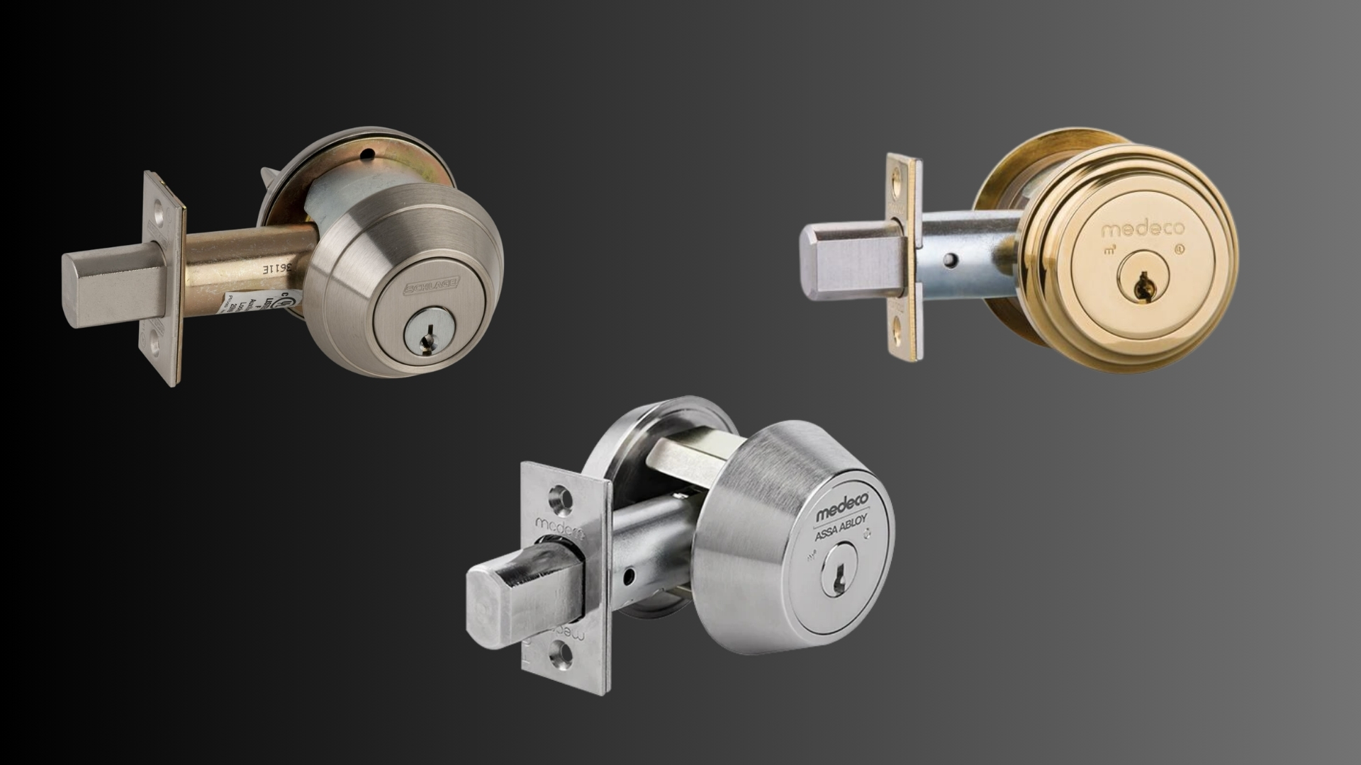 Three different deadbolts for enhanced home security.