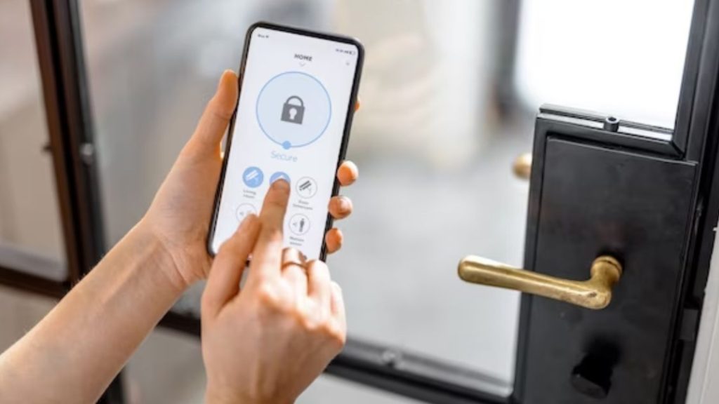 Using a smartphone app to manage home lock security.