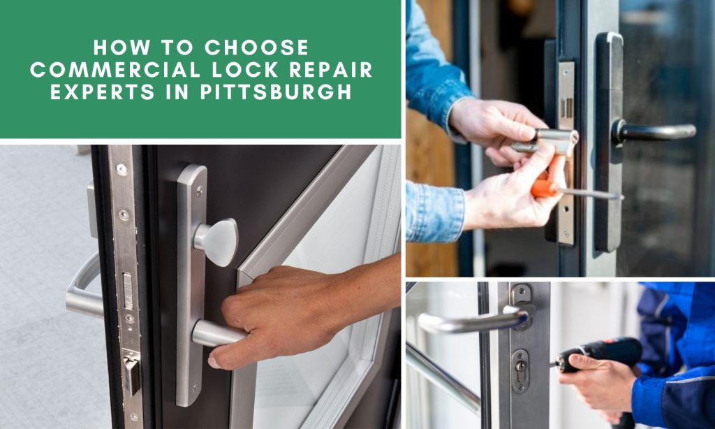 Lock repair experts working on various commercial doors