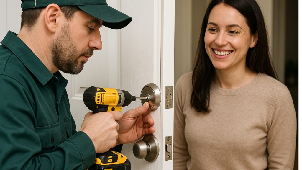 Schlage deadbolt being installed by expert locksmith as homeowner watches.
