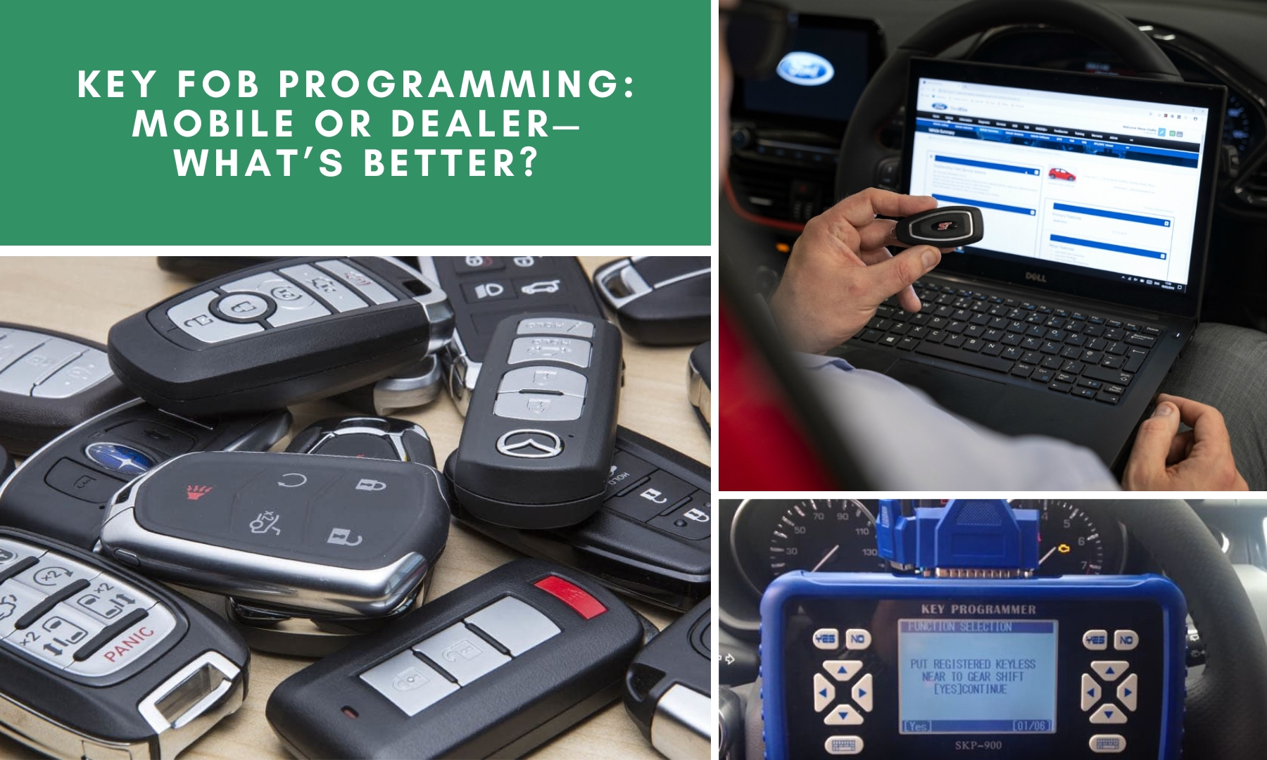 Various car key fobs and diagnostic tools shown, highlighting mobile vs dealer key fob programming options