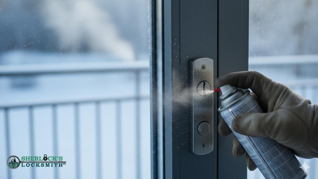 Using de-icer spray on a frozen lock as part of locksmith winter tips for homeowners