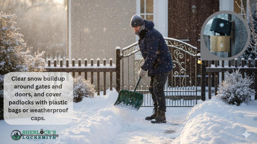 Homeowner clearing snow around gate and lock to prevent freezing issues in winter.