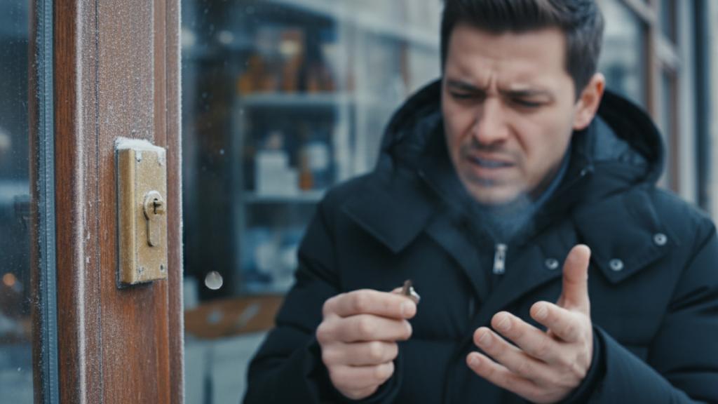 Frozen lock and broken key illustrating the need for winter lock care