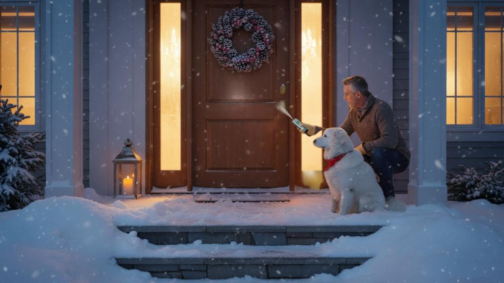Homeowner applying winter lock care to a frozen front door lock
