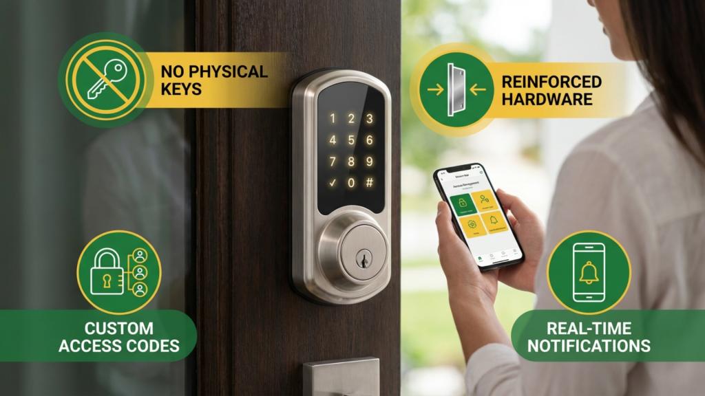 Smart keyless deadbolt with touchscreen keypad and mobile app control