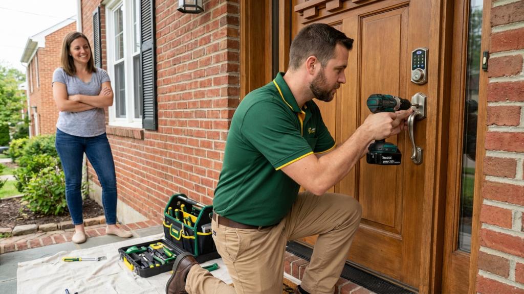 Professional locksmith installing a smart keyless deadbolt on a front door