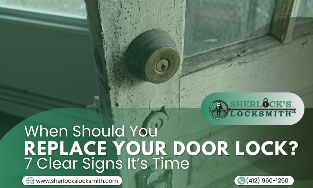 When to replace door lock in Pittsburgh PA with visible aging lock and door damage