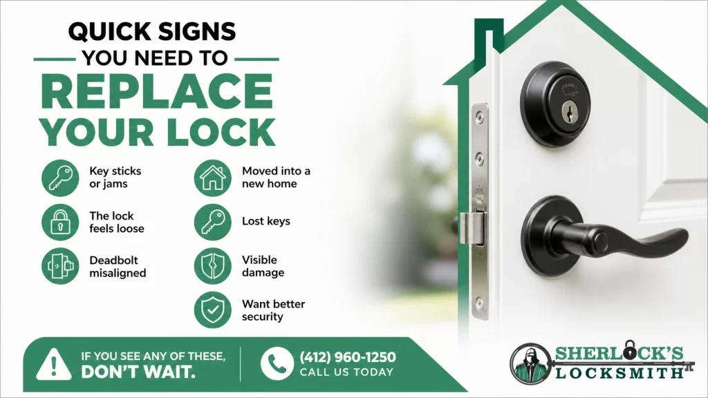 Signs you need to replace the door lock, including key sticking, loose lock, misaligned deadbolt and lost keys in a Pittsburgh home