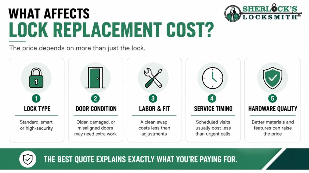 Infographic explaining what affects lock replacement cost in Pittsburgh, including standard, smart, or high-security locks, door condition, labor fit, urgent service timing, and hardware quality