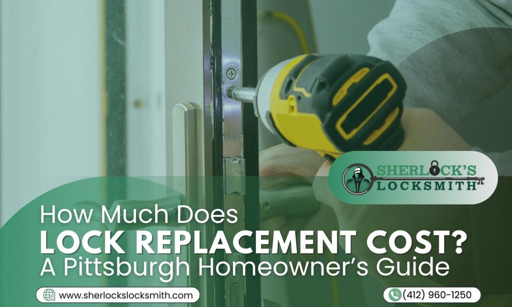 Sherlock’s Locksmith graphic showing a technician replacing a door lock for a Pittsburgh homeowner’s lock replacement cost guide