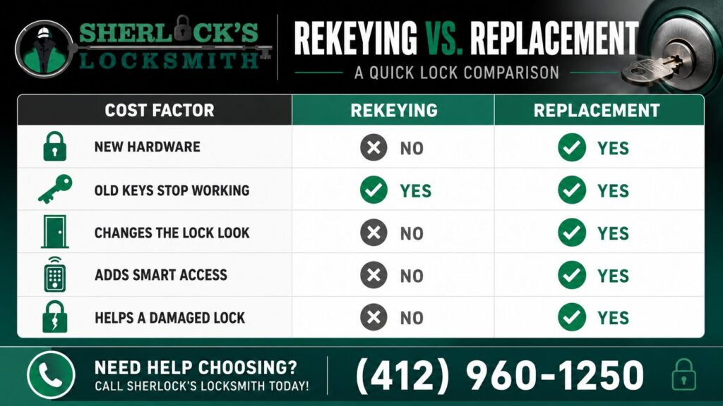 Sherlock’s Locksmith infographic comparing rekeying vs replacement for new hardware, old key access, lock appearance, smart access, and damaged lock issues