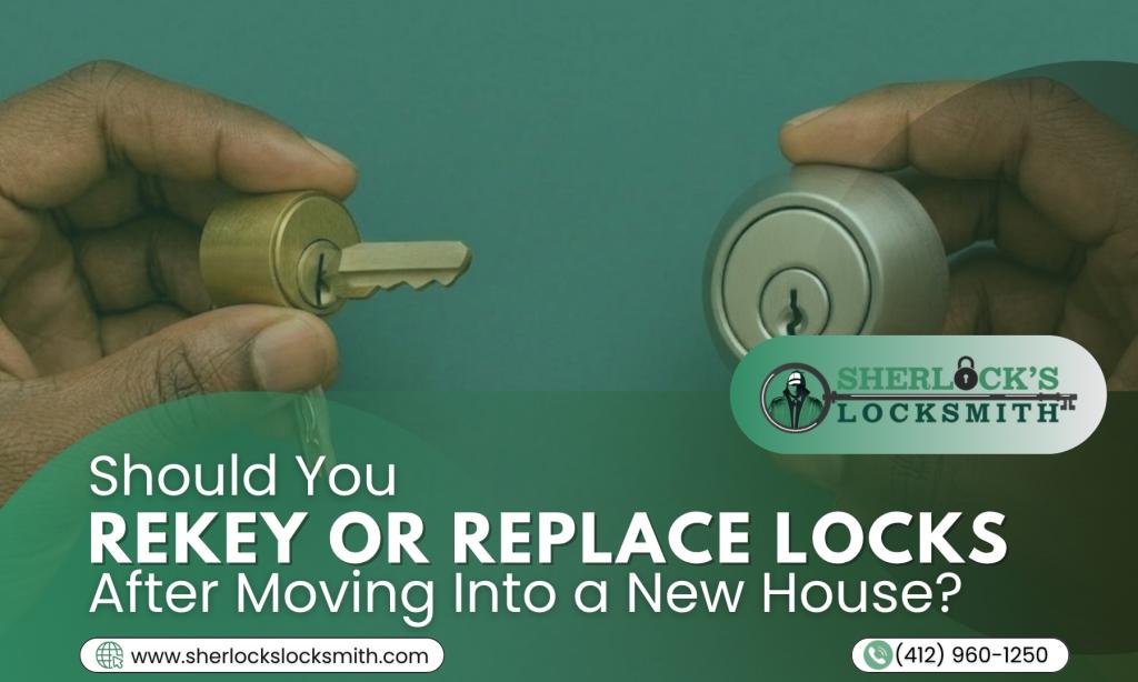 Rekey or replace locks guide for new homeowners, showing a key cylinder and door lock comparison