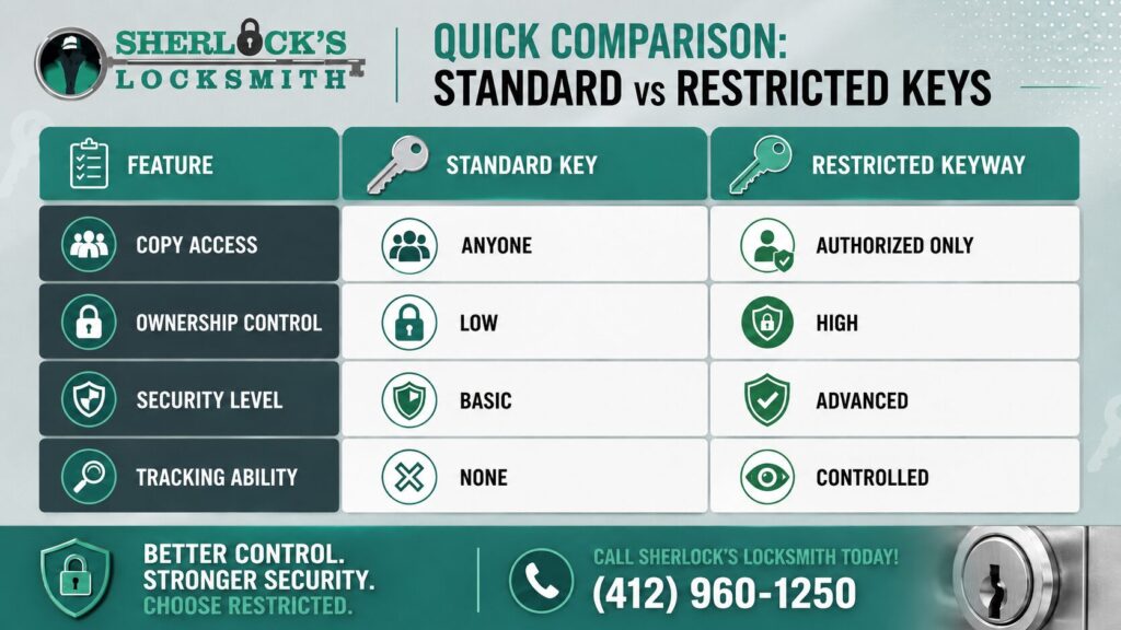 Standard key vs restricted key comparison showing differences in copy access, ownership control, security level, and tracking ability for improved home security