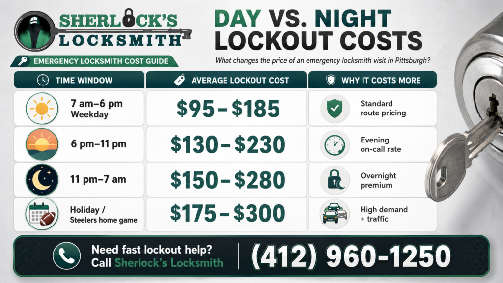 Pittsburgh emergency locksmith cost infographic comparing daytime, evening, overnight, and holiday lockout service prices