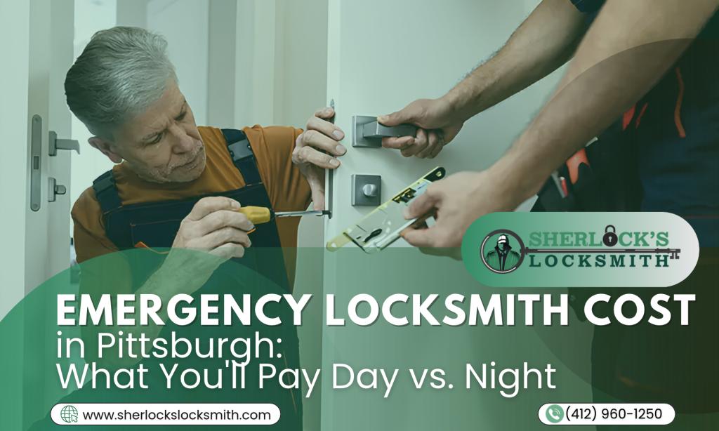 Emergency locksmith cost guide showing a locksmith working on a door and comparing daytime and nighttime service pricing in Pittsburgh