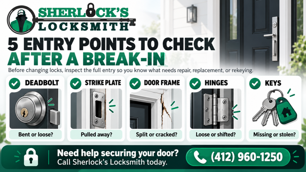 Sherlock’s Locksmith infographic about 5 entry points to check after a break-in before changing locks, including the deadbolt, strike plate, door frame, hinges, and keys