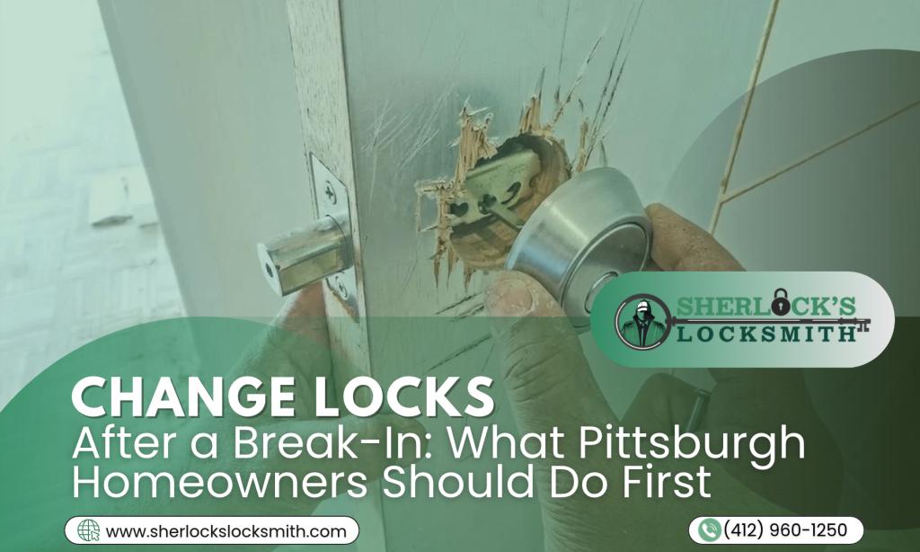 Change locks after a break-in with a locksmith replacing a damaged door lock