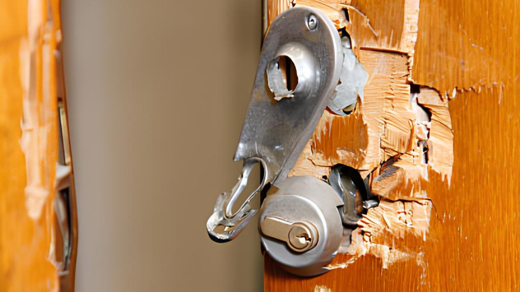 Damaged door with a broken lock following a break-in